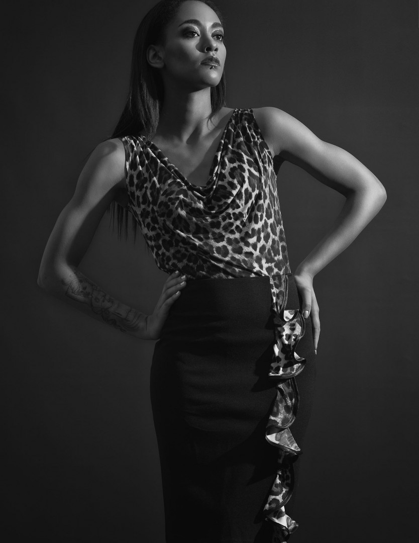 Leopard drape top worn with the ruffle pencil skirt.